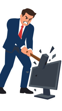 A furious businessman in a navy suit swings a heavy sledgehammer to smash a broken computer monitor on a white background, workplace rage and technical frustration vector illustration