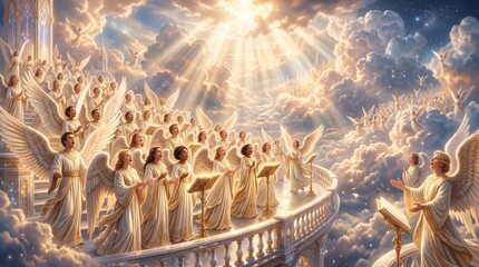 Obraz premium Angels singing in heavenly choir among clouds and divine light. Celestial beings praise God in paradise with golden sunbeams.