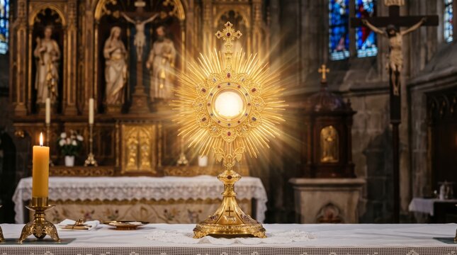 Golden radiant monstrance with holy eucharist glowing on Catholic church altar. Burning candle and crucifix adorn sacred worship space.