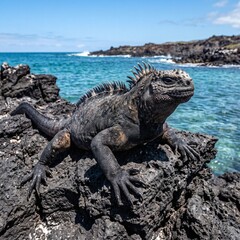 Fototapeta premium Marine Iguana Basking on Volcanic Rocks Beside Blue Ocean Waves