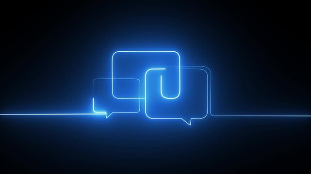 Glowing neon blue chat speech bubbles on a dark black background for digital communication concepts