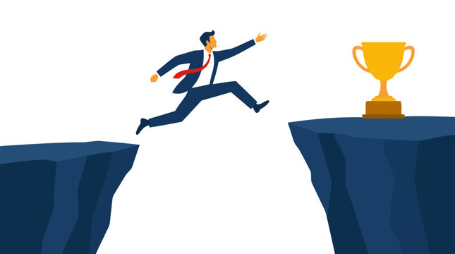 Ambitious businessman leaping across deep canyon gap between two cliffs toward shining golden first place trophy cup, professional career achievement vector illustration on white backdrop