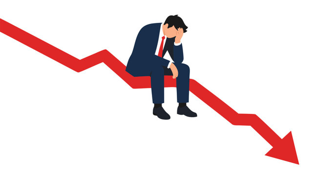 Depressed businessman in navy suit sitting dejectedly with hand on head upon sharply plunging red jagged market trend arrow, financial crisis recession flat vector illustration on white