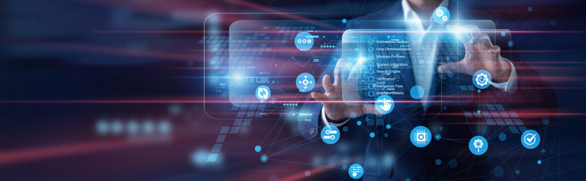 Software developer working on virtual screen. Programmer checks API (Integration) frameworks and cloud data flow graphs on a hologram display. System architecture and digital networks.