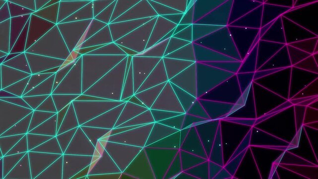 Abstract glowing neon wireframe mesh background with geometric triangle patterns in motion video and graphics, triangles