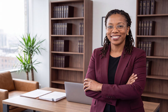 Portrait of confident African American female lawyer in burgundy blazer smiling at camera with arms crossed in front of bookshelves in law office. Attorney, law firm partner