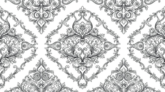 Vintage damask seamless pattern, ornate baroque floral background in black and white, elegant victorian wallpaper vector for luxury textile design