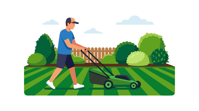 Suburban gardener wearing cap pushing rotary lawnmower across striped emerald backyard grass beside bushes, vector illustration capturing residential landscaping and weekend lawn care
