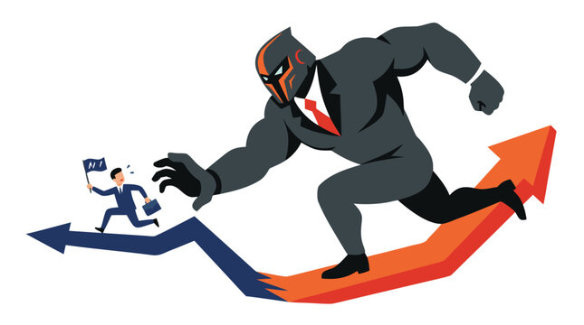 Giant masked corporate titan chasing frightened small entrepreneur across red and blue trend arrow track, vector illustration depicting intense market competition and corporate takeover