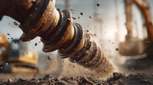 Diagonal close-up of auger drill turning through soil with mud