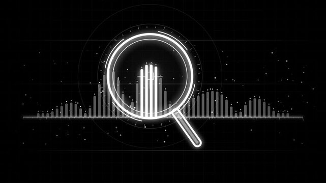 Digital data analysis concept with a magnifying glass focusing on a glowing bar chart graph on a dark background