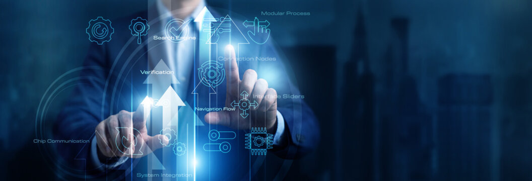 Developer touching icon and word API (Integration) on a dynamic data network interface connecting multiple software platforms simultaneously. Seamless digital system workflows and coding.