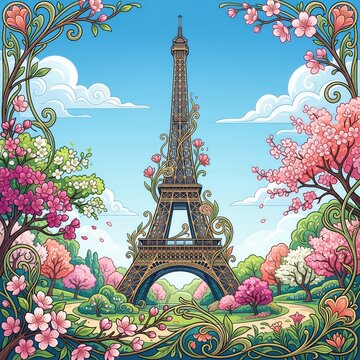 Een artistieke weergave van de ijzeren toren in de lente, omgeven door bloeiende bomen en elegante organische vormen in art nouveau stijl, kunst, toren, bloeiend