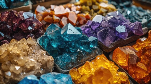 Colorful assortment of polished gemstones and crystals