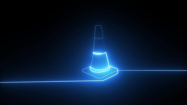 Glowing blue neon light outline of a traffic cone on a dark black background