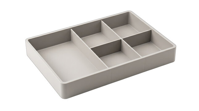 Empty gray plastic organizer tray with multiple compartments isolated on transparent background