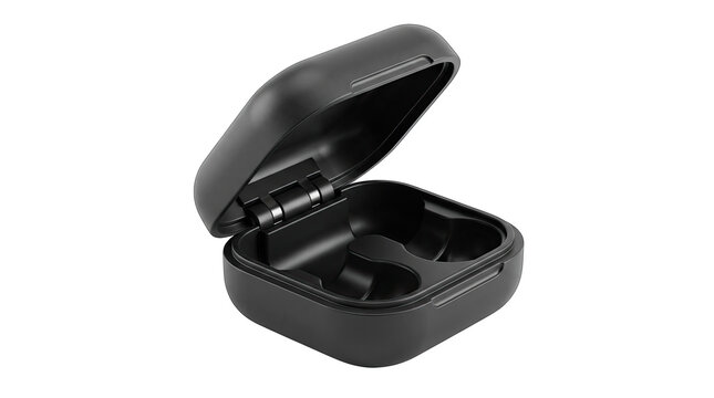 Open black wireless earbud charging case with earbuds inside isolated on transparent background