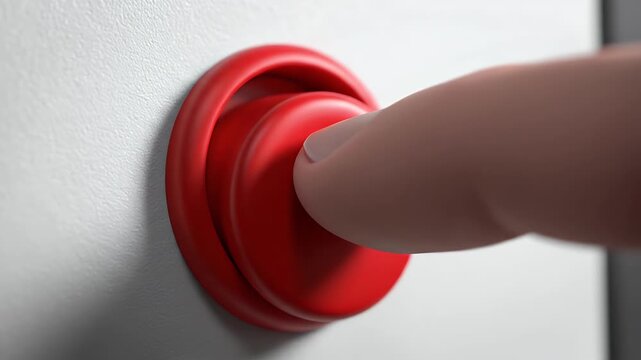 Finger pressing a large red button on a white wall, 3D illustration representing an emergency stop, system launch, or urgent activation