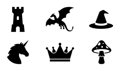Fototapeta premium Fantasy Icons Set: Dragon, Unicorn, Castle, Crown, Witch Hat, Mushroom, Vector Graphics