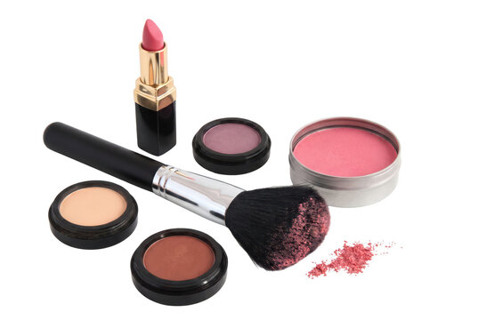 Professional Cosmetics Collection with Pink Lipstick and Makeup Brush