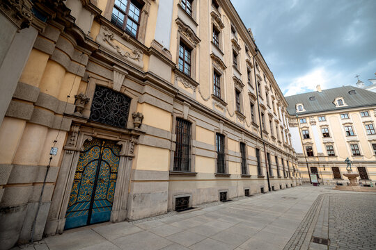Wroclaw, Poland - July 10, 2026: Exterior architectural details, courtyards and historic features of the University of Wroclaw complex in central Wroclaw.