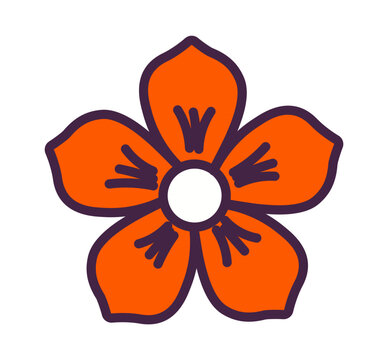 Cartoon flower with five petals, orange with black outline illustration isolated. Daisy blossom, abstract geometric flower. Decorative Halloween floral design element, clip art. Hand drawn vector