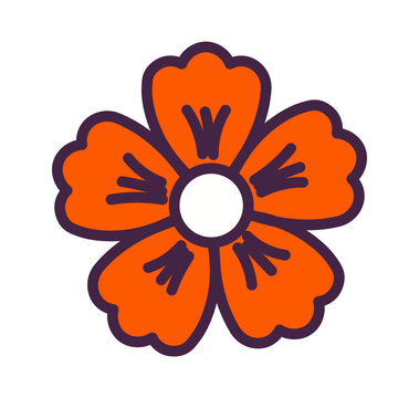 Cartoon flower with five petals, orange with black outline illustration isolated. Daisy blossom, abstract geometric flower. Decorative Halloween floral design element, clip art. Hand drawn vector