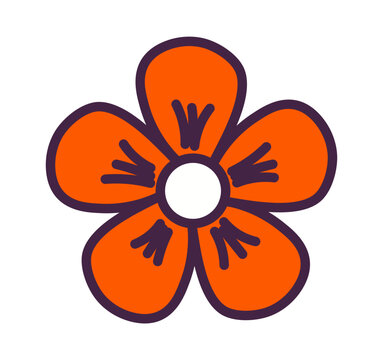 Cartoon flower with five petals, orange with black outline illustration isolated. Daisy blossom, abstract geometric flower. Decorative Halloween floral design element, clip art. Hand drawn vector
