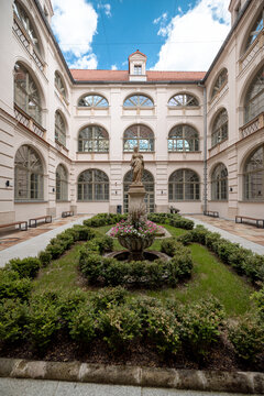 Wroclaw, Poland - July 10, 2026: Exterior architectural details, courtyards and historic features of the University of Wroclaw complex in central Wroclaw.