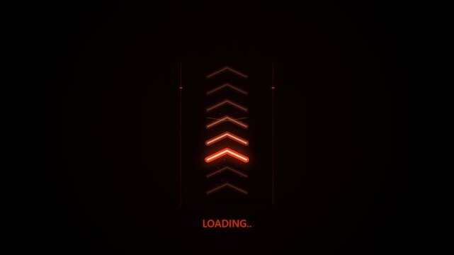Futuristic loading screen with glowing orange chevron arrows animation on a dark black background