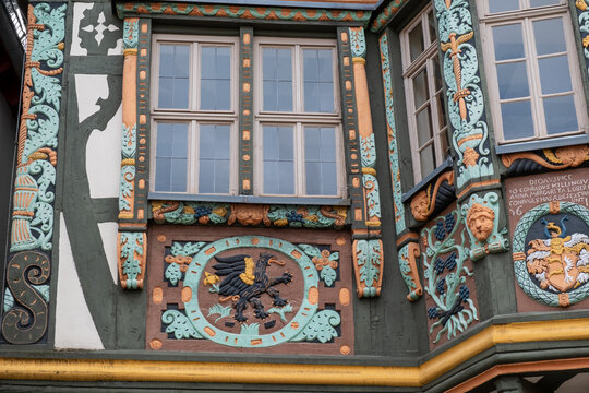 Ornate Half-Timbered Facade with Griffin Coat of Arms, Idstein, Hessen, Germany