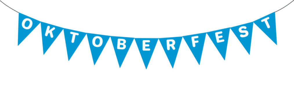 Oktoberfest decorations, blue bunting, flags with white text illustration isolated. Flag of Bavaria colors. Traditional German beer fest, festival design element, banner, poster, clip art. Vector