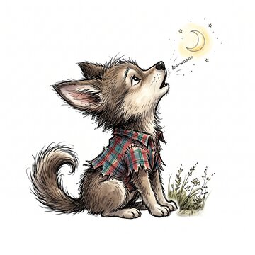 A cute cartoon wolf puppy wearing a plaid shirt howling at a crescent moon in a field with small glowing crescent grass howls small