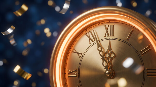 Close up of a polished gold clock face at midnight with falling confetti on a dark blue background for New Year celebrations.