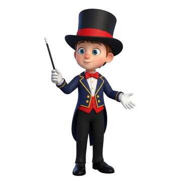 Charming cartoon magician boy in top hat with wand performing magic tricks for entertainment