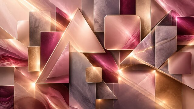Luxuri&ouml;ser geometrischer Hintergrund mit Ros&eacute;gold, Bordeaux und gl&auml;nzenden Metallfl&auml;chen. Dreiecke, Rechtecke und Lichtreflexe bilden eine elegante moderne Komposition mit exklusiver Wirkung.