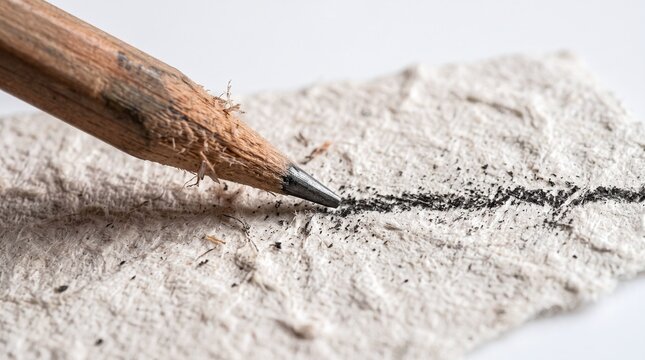 A close-up macro shot of a graphite pencil drawing a line on textured paper, with graphite dust scattered around the mark. The aged wooden pencil tip is sharp and detailed.