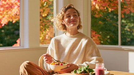 Obraz premium Young woman enjoying a smoothie bowl while sitting at a wooden table in a cozy room with large windows and autumn foliage visible outside