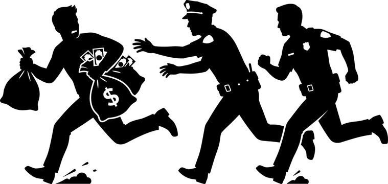 Silhouette of a thief running away with a money bag being chased by two police officers