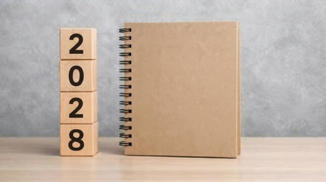 Happy New Year 2028 Old Vintage Book on White and Wooden Backgrounds for Education, Writing, Literature, Business and Creative Concepts