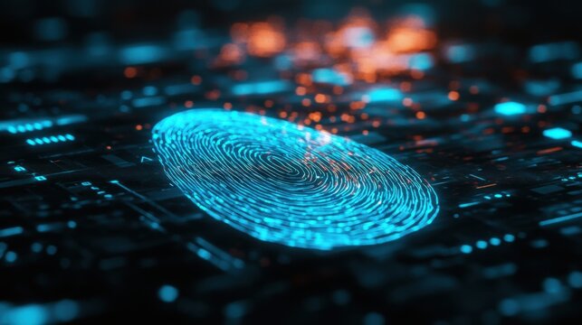 Glowing fingerprint on dark glass, mobile payment fingerprint scan hovering above motherboard, bank teller approving transaction remotely, cyan highlights and warm bokeh, modern fintech mood with copy