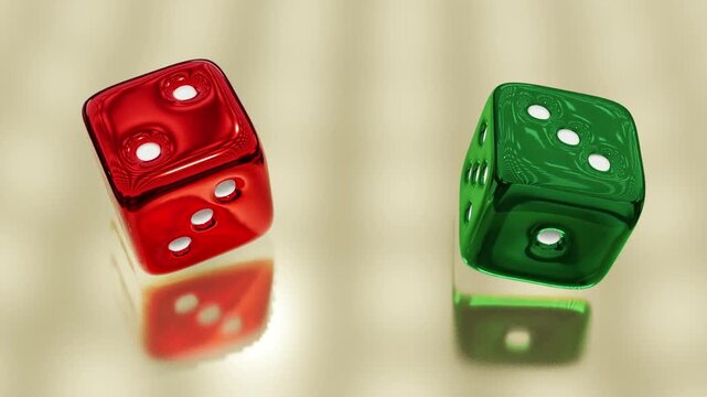 Photorealistic glossy red and green dice 3D model and animation bundle featuring high-end reflections