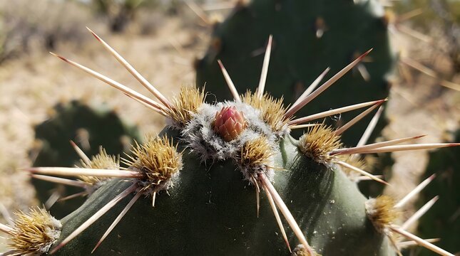 Close up macro view of desert prickly pear cactus featuring sharp long thorns, fuzzy areoles and a small emerging pink flower bud in sunny natural environment.