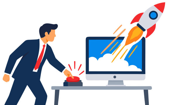 A businessman presses a red launch button on an office desk as a small rocket takes off from a desktop computer screen with smoke, capturing startup ignition in vector illustration on white