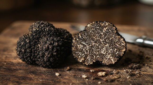 Fresh black truffle mushroom whole and sliced open on rustic wooden cutting board with sharp knife in background, luxury gourmet ingredient photography.