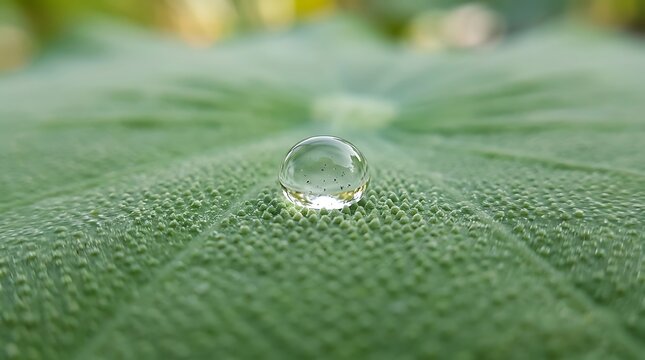 Macro closeup of pure crystal water droplet resting on vibrant green lotus leaf texture, showcasing organic tranquility and natural botanical beauty for wellness ads.