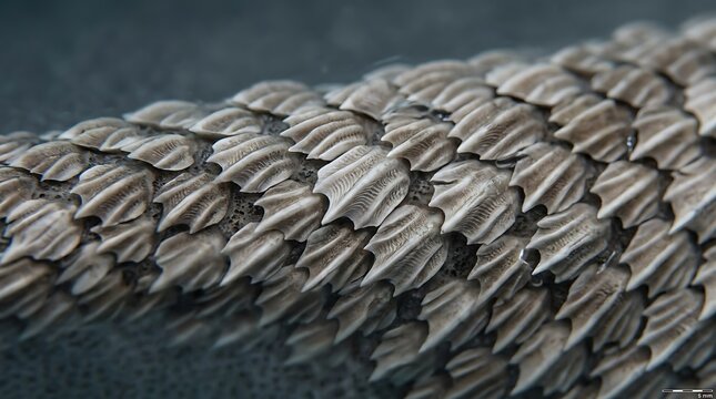 Macro close-up studio shot of a magnificent shark skin texture displaying overlapping dermal denticles in muted grey and silver tones, perfect for scientific design.