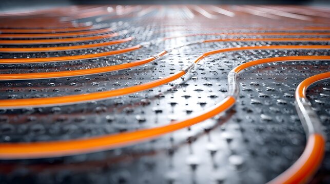 closeup of orange heating pipes curved on textured metal underfloor panel