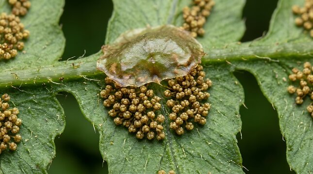 Macro photograph of a green shield bug nymph sitting on a vibrant green fern leaf surrounded by spore cases, detailed nature wildlife photography for education.