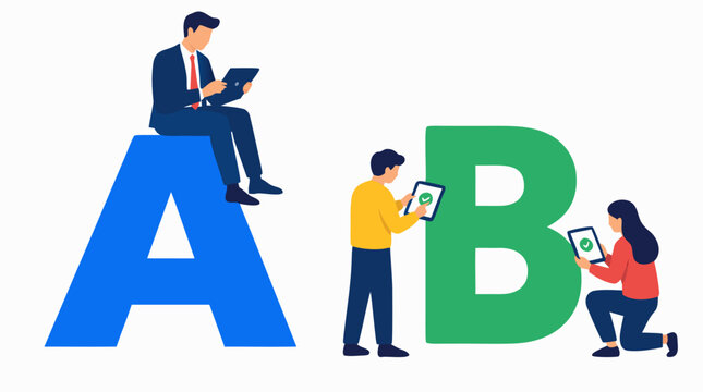 Developer sitting atop large blue letter A with tablet while two users test green letter B vector illustration, showcasing ab split testing and software usability analysis on white backdrop